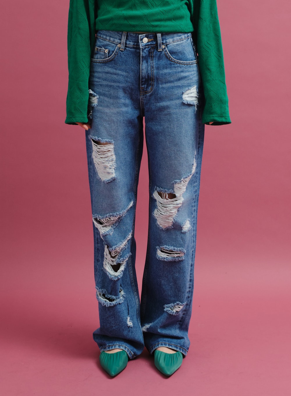 Ripped Wide Leg Jeans CY23 - Lewkin